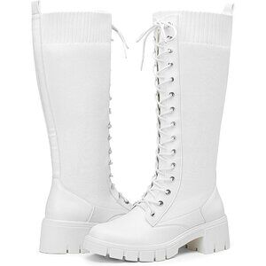 Women's White 953 Chunky Platform Heel Lace Gothic Knee High Combat Boots